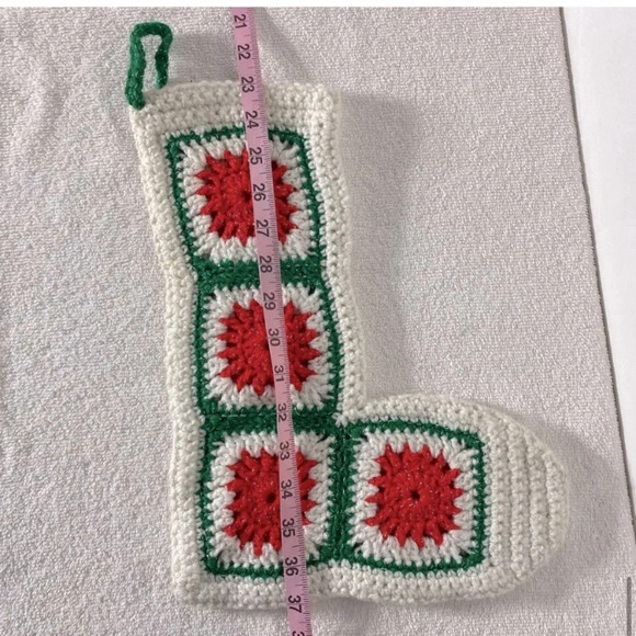 Vintage Handmade Crochet Red  White Green Granny Square Christmas Stocking - Picture 10 of 11